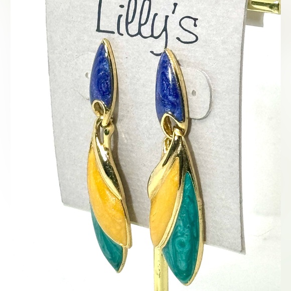 Vintage Lilly’s Blue Green Yellow & Gold Enamel Geometric Dangle Earrings - Picture 2 of 6